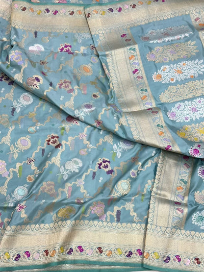 Sea Green Double Katan Silk Vinatge Handwoven Banarasi Saree