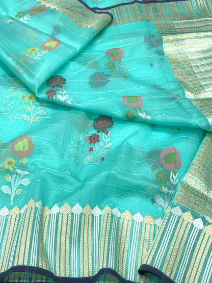 Turqoise Blue Pure Kora Organza Silk Jamdani | Ektara Kadhwa Technique | Handwoven Banarasi Saree - New Era Of Elegance