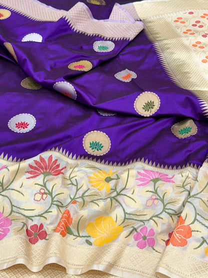 Purple/Ivory Pure Mulberry Katan Silk | Kadhwa + Kadhiyal Technique | Handwoven Banarasi Saree