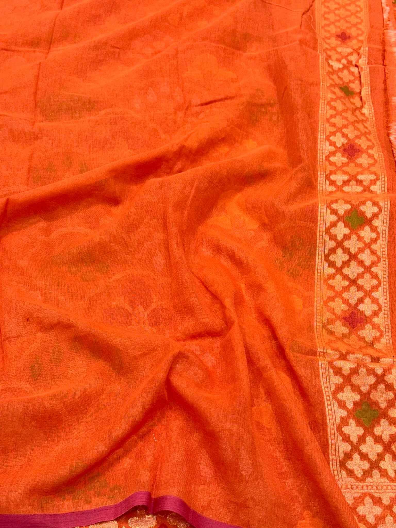 Orange Pure Muslin Cotton Jamdani Handloom Banarasi Lightweight Ektara Saree