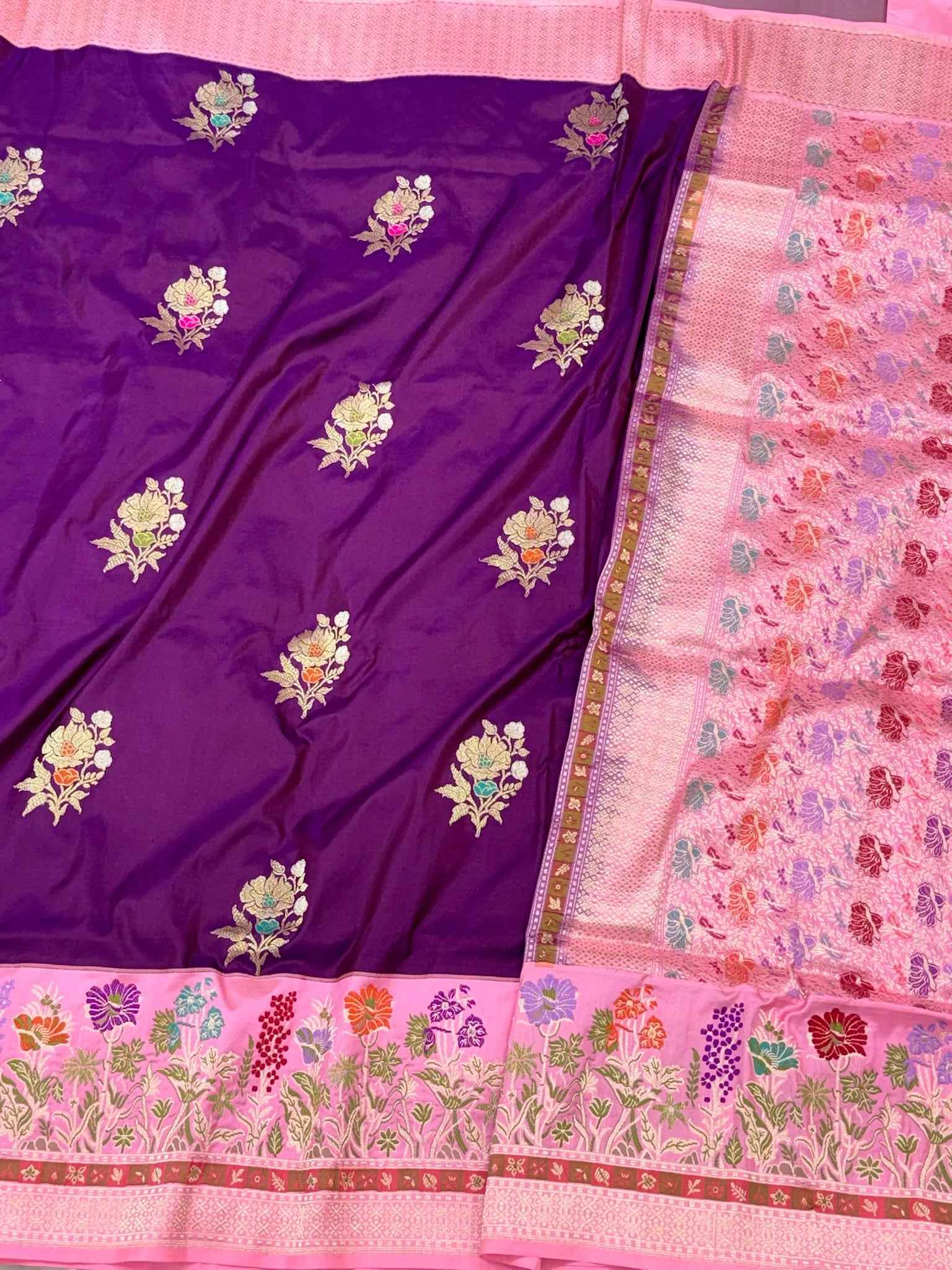 Purple/Pink Pure Katan Silk Saree | Kadhwa Technique | Pure Mulberry Silk Handwoven Banarasi Saree