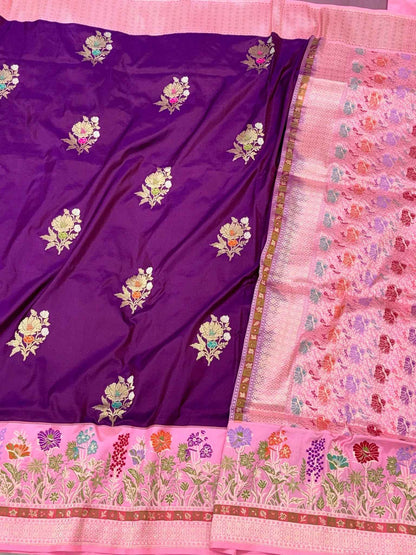 Purple/Pink Pure Katan Silk Saree | Kadhwa Technique | Pure Mulberry Silk Handwoven Banarasi Saree