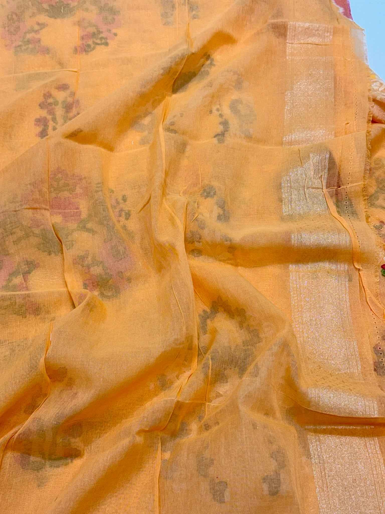 Orange Pure Muslin Cotton Jamdani Handloom Banarasi Saree - Ektara Weave