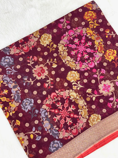 Wine Pure Muslin Cotton Jamdani Ektara Weave Handloom Banarasi Saree