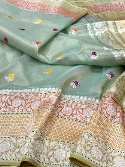 Aqua Green Handwoven | Kadhwa Technique | Banarasi Saree - Pure Kora Tissue Silk Banarasi Saree - The Luxury Drape