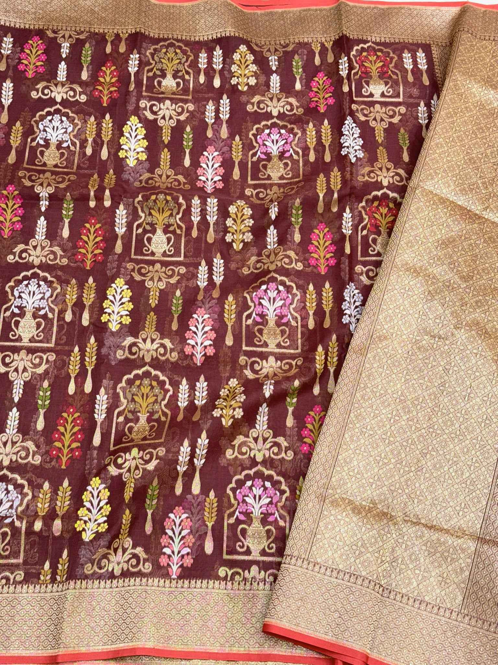 Brown Pure Kora Organza Silk Ektara Jamdani Handwoven Banarasi Saree