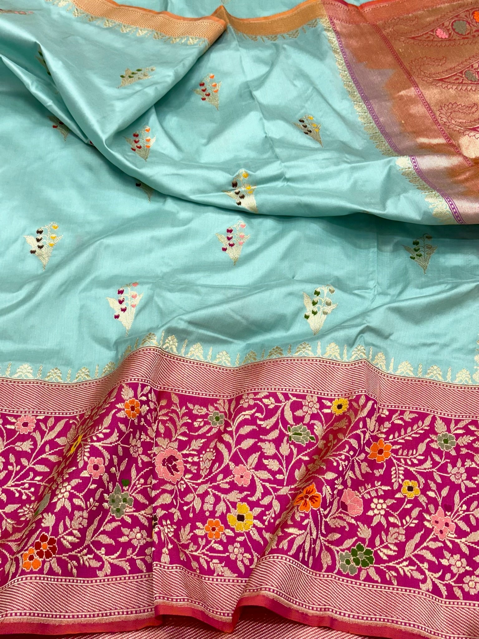 Sky Blue Pure Katan Mulberry Silk Banarasi Saree | Royal Banarasi Handwoven Kadhwa Saree