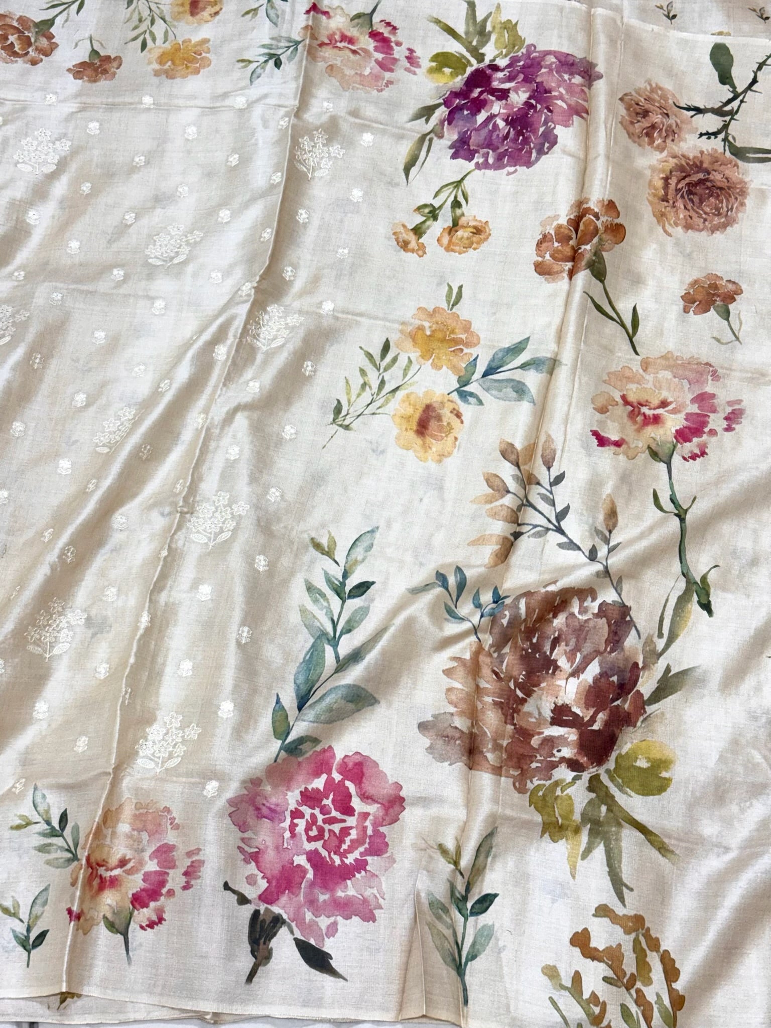 Ivory Pure Tussar Silk Handloom Printed with Embroidery Banarasi Saree - Soft Drape