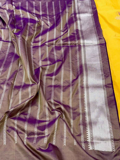 Yellow Pure Mulberry Silk Pure Katan Silk Handwoven Banarasi Saree - Kadhwa Weave