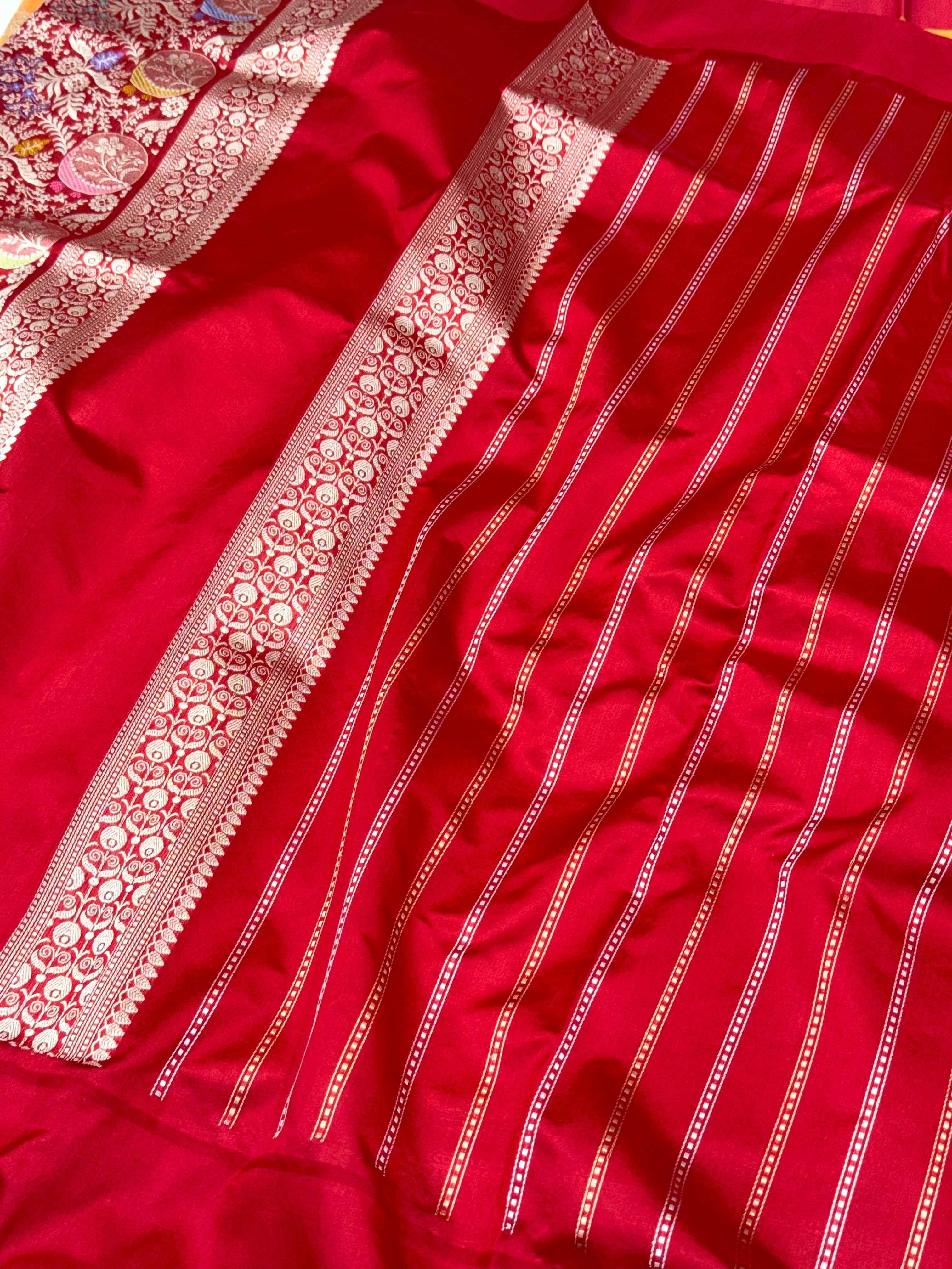 Peach/Red Pure Kora Silk Handwoven Banarasi Saree