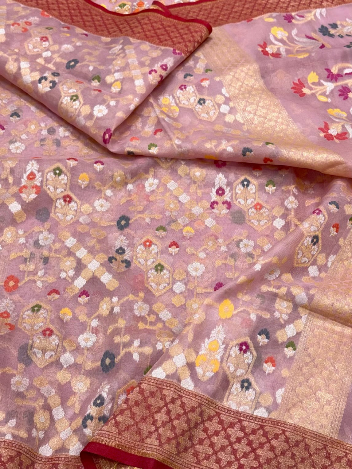 Mauve Pink Pure Soft Kora Silk Handloom Banarasi Saree - Ektara Weave