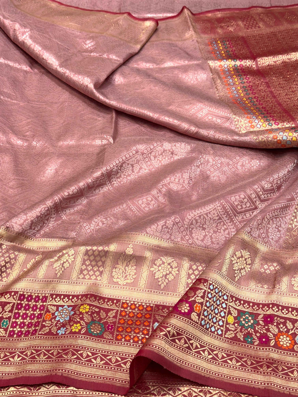 Mauve Pink/Red Pure Mulberry Katan Silk Handwoven Banarasi Saree