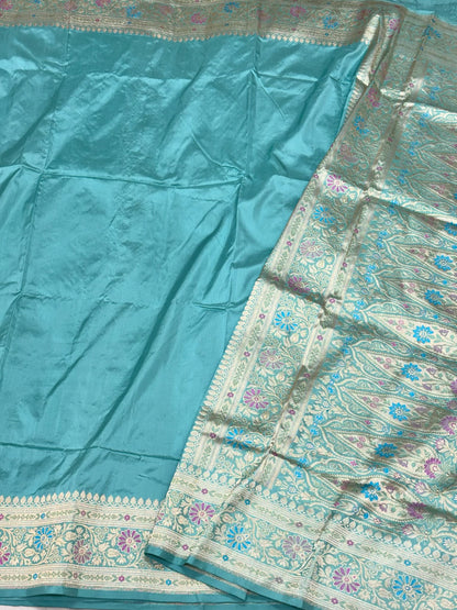 Aqua Blue Pure Mulberry Katan Silk Handwoven Banarasi Saree