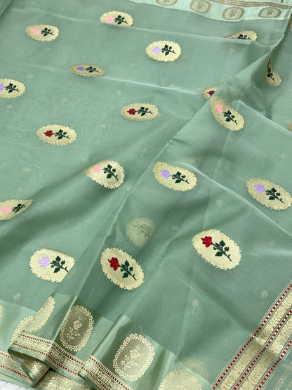 Pastel Green Pure Kora Silk Handwoven Contemporary Saree