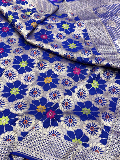 Electric Blue Pure Mulberry Katan Silk Banarasi Handloom Saree