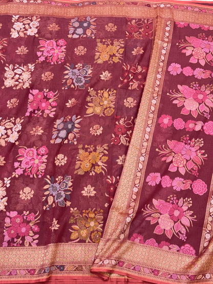 Wine Pure Muslin Cotton Jamdani Handloom Banarasi Saree Lightweight Saree With Ektara Weave