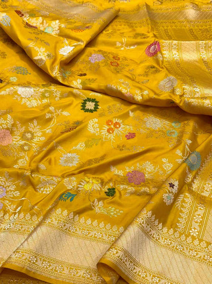 Mustard Yellow Pure Katan Silk Saree | Kadhwa Technique | Pure Mulberry Silk Banarasi Handwoven Saree