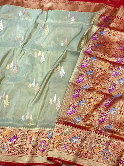 Green Handwoven Banarasi Saree | Pure Tissue Silk Saree - Kadhwa | Pure Katan Silk Saree