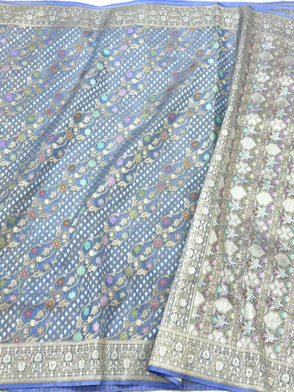 Cornflower Blue Pure Mulberry Kora Silk Jamdani Handloom Banarasi Saree - Ektara Weave