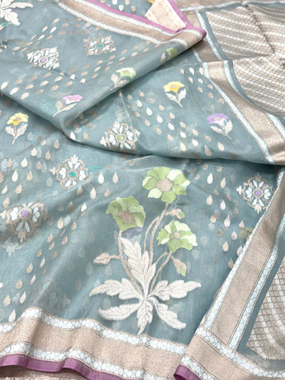 Dusty Sea Blue Pure Mulberry Kora ( Organza ) Silk Ektara Jamdani Handloom Contemporary Banarasi Lightweight Saree