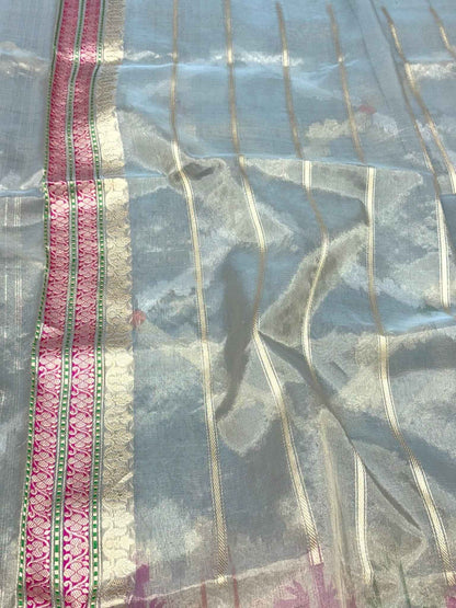 Air Force Blue Pure Kora Tissue Silk Handwoven | Kadhwa Technique | Authentic Banarasi Saree