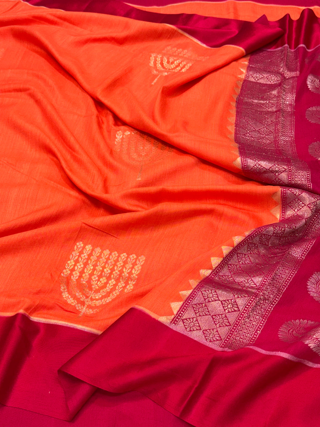 Orange Pure Mulberry Muga And Satin Silk Banarasi Saree - lightweight soft drape