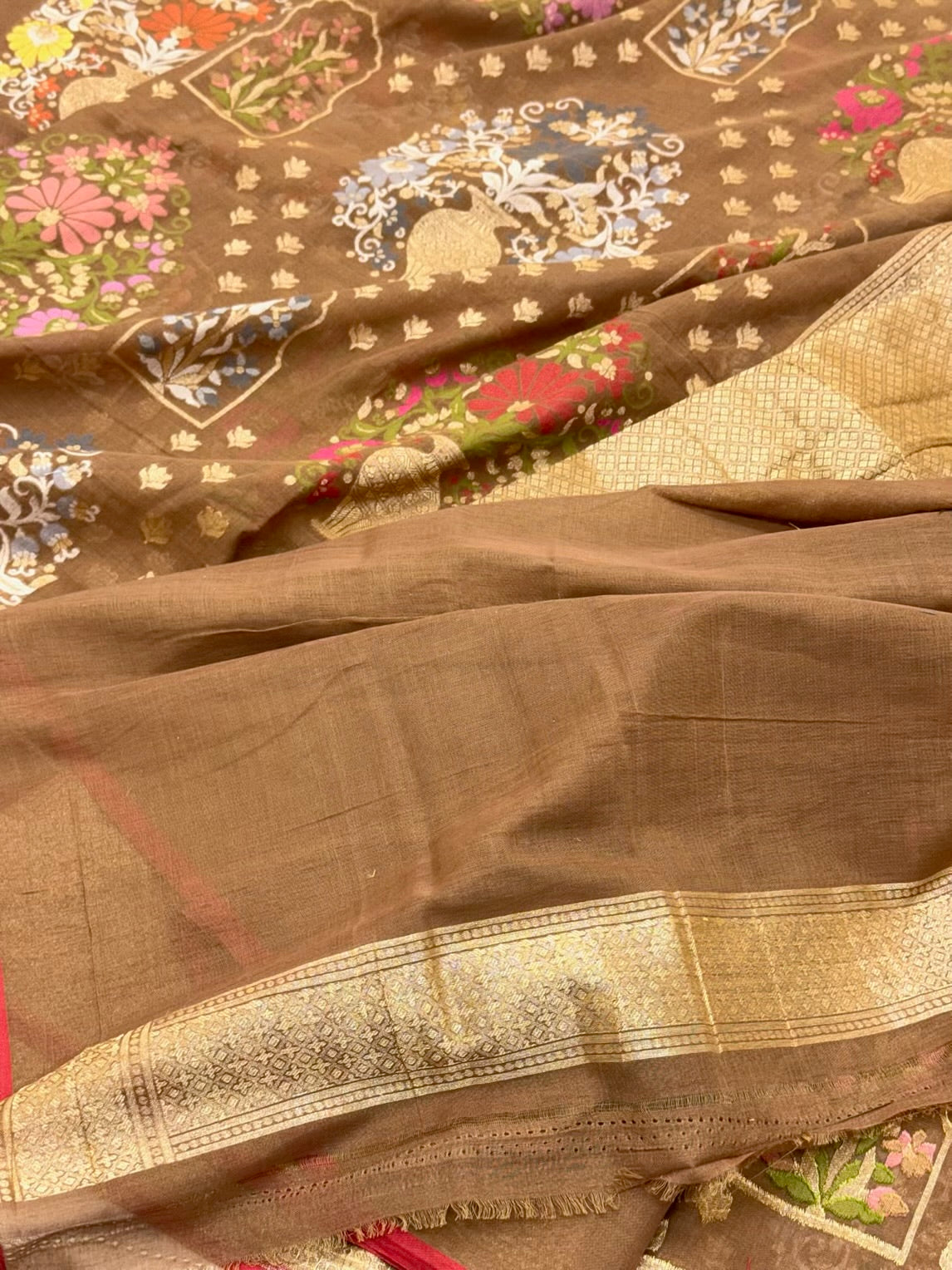 Brown Pure Muslin Cotton Jamdani handloom Banarasi Saree |Ektara Weave|