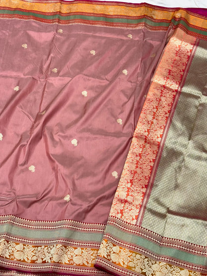 Dusty Rose Gold Pure Katan Mulberry Silk Handwoven Banarasi Saree | Kadhwa Weave