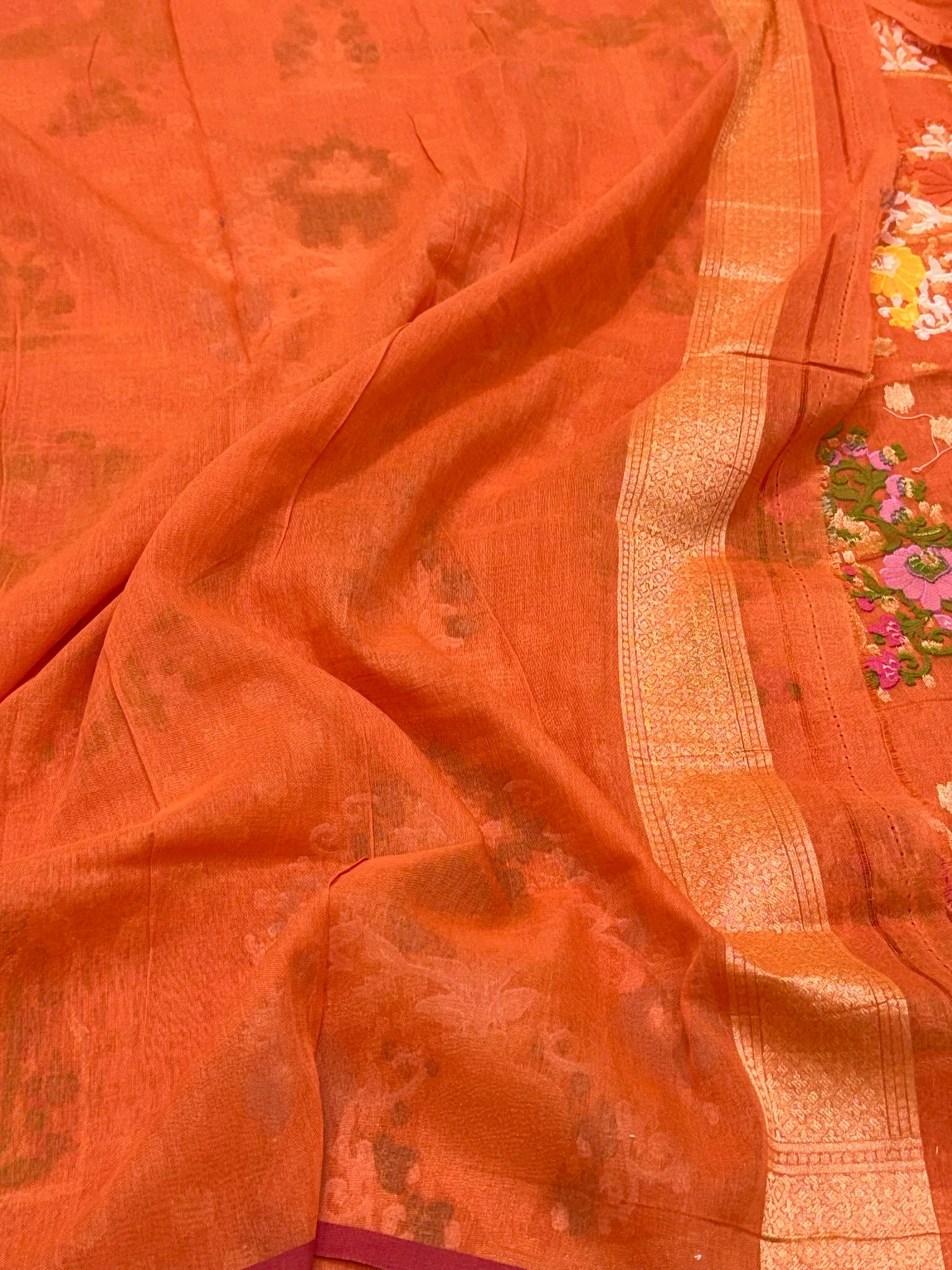 Orange Pure Muslin Cotton Jamdani Handloom Banarasi Saree - Ektara Weave