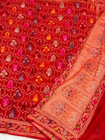 Red Pure Muslin Cotton Jamdani Handloom Banarasi Saree |Ektara Weave|