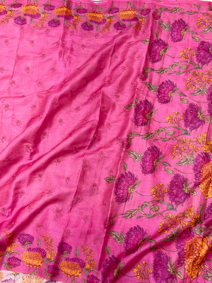 Pink Pure Tussar Silk Handloom Printed with Embroidery Banarasi Saree - Soft Lightweight Banarasi Saree