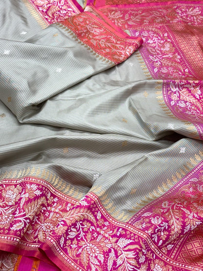 Gray Handwoven | Kadhwa + Kadhiyal Technique | Banarasi Saree - Pure Mulberry Double Katan Silk Ektara Banarasi Saree