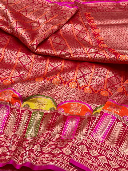 Red Banarasi Handwoven | Kadhwa Technique | Contemporary Pure Katan Mulberry Silk Saree