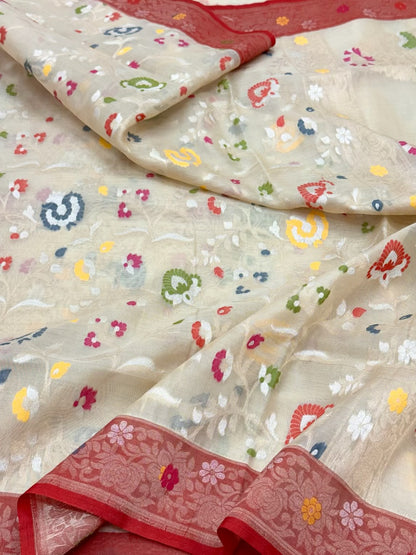 Ivory Pure Kora Silk Handwoven Banarasi Saree | Soft Drape Lightweight Banarasi Ektara Saree