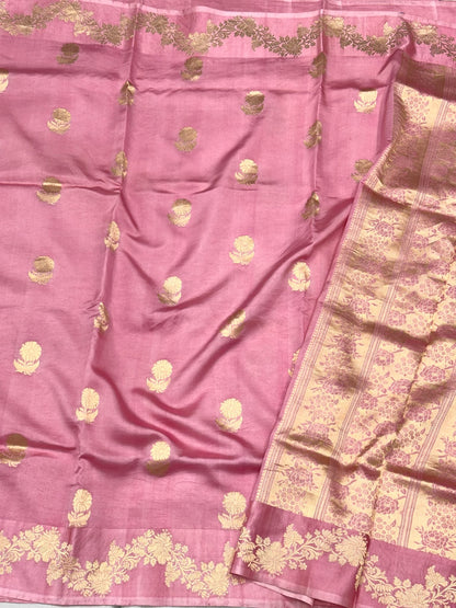 Powder Pink Pure Raw Mango Silk Handwoven Banarasi Lightweight Saree