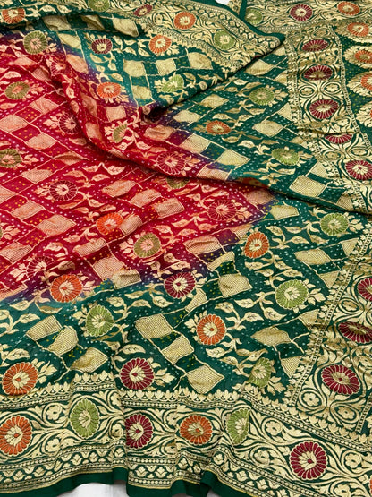 Bottle Green Pure Chiffon Georgette Handloom Banarasi Bandhej Soft Drape Lightweight Banarasi Saree