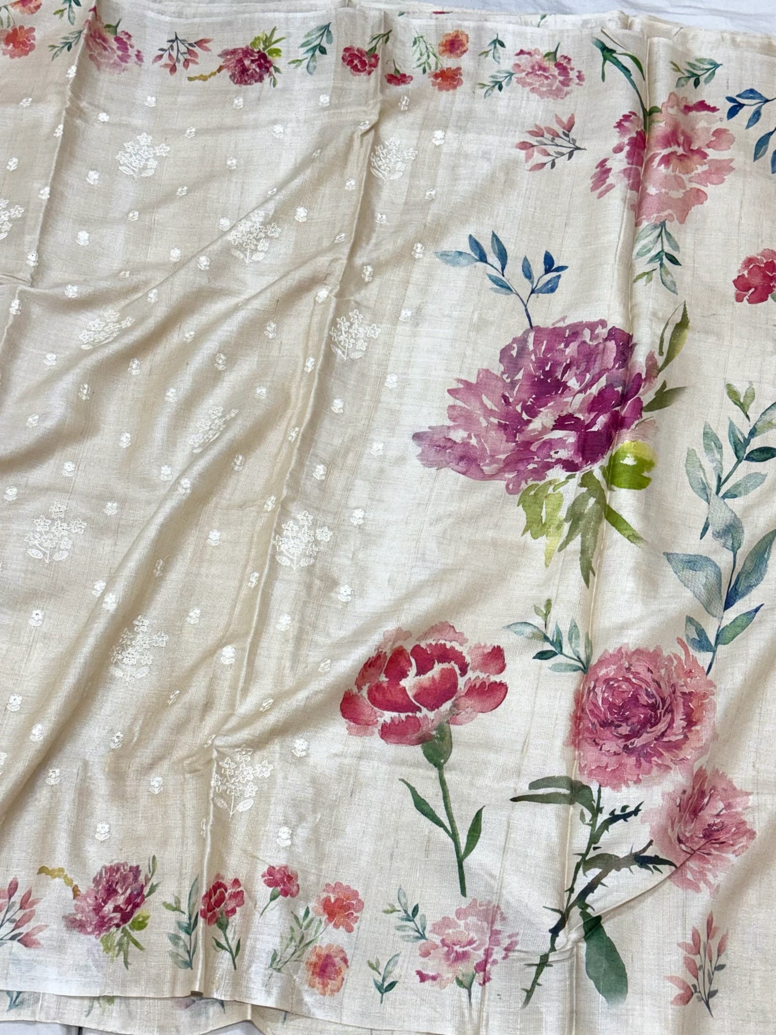 Ivory Pure Tussar Silk Handloom Printed with Embroidery Banarasi Saree - Heritage In A New Light