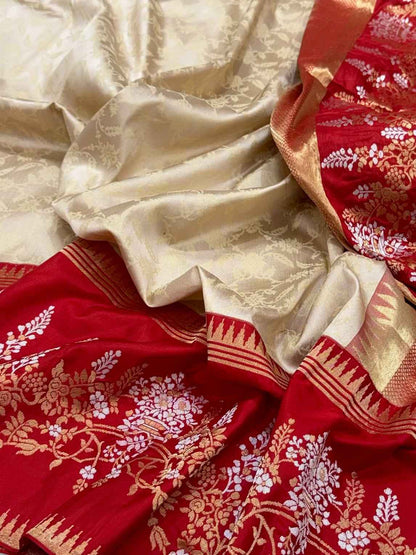 Ivory Pure Katan Silk Saree | Pure Mulberry Silk Handwoven Banarasi Saree