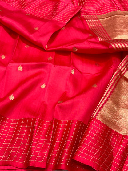 Bright Red Pure Raw Mango Silk Banarasi Handwoven Kadhwa Saree