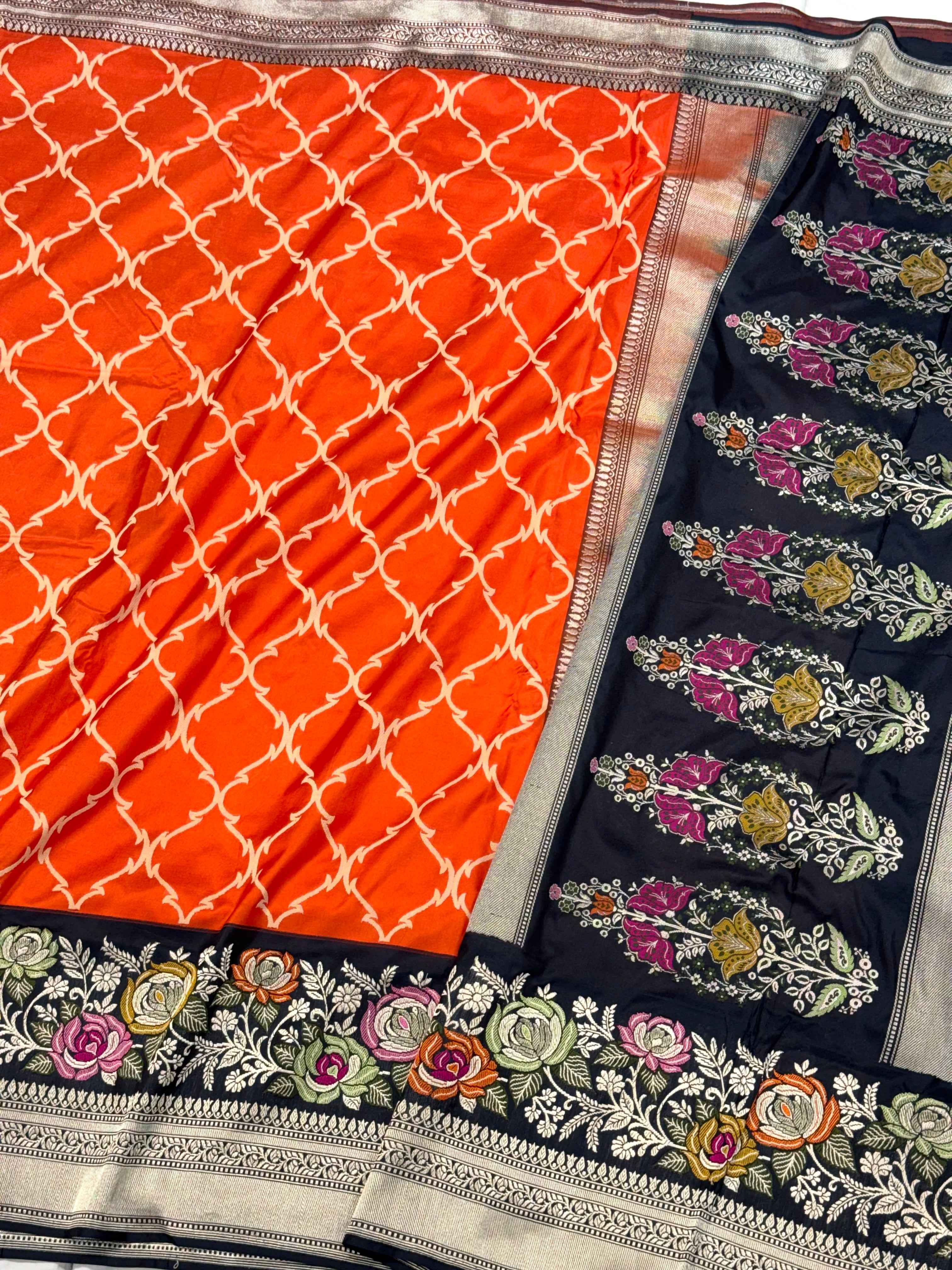 Orange/Black Pure Mulberry Katan Silk Handwoven Banarasi Saree