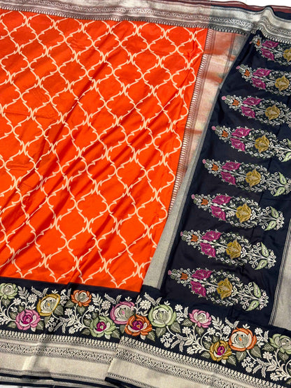 Orange/Black Pure Mulberry Katan Silk Handwoven Banarasi Saree