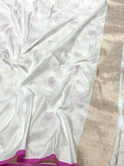 Pearl White Handloom Banarasi Saree with Pure Katan Mulberry Silk