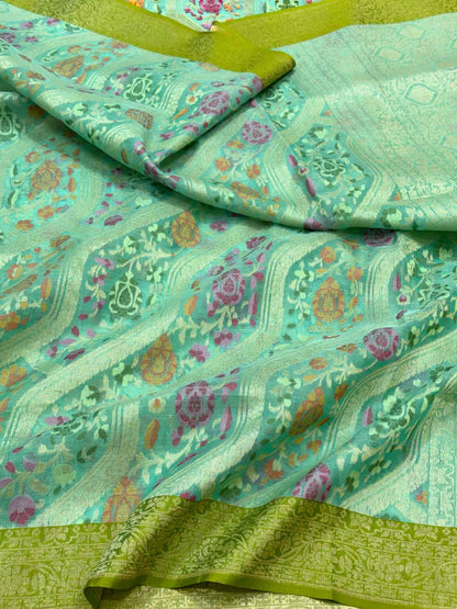 Sea Green Pure Kora Mulberry Silk Ektara Weave Jamdani Handloom Banarasi Saree