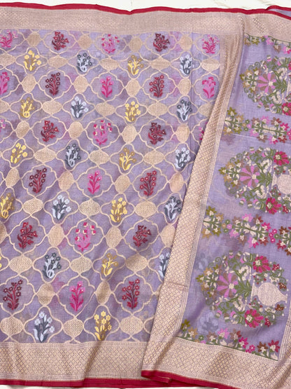 Dusty Lilac Pink Pure Muslin Cotton Ektara Jamdani Handloom Banarasi Saree
