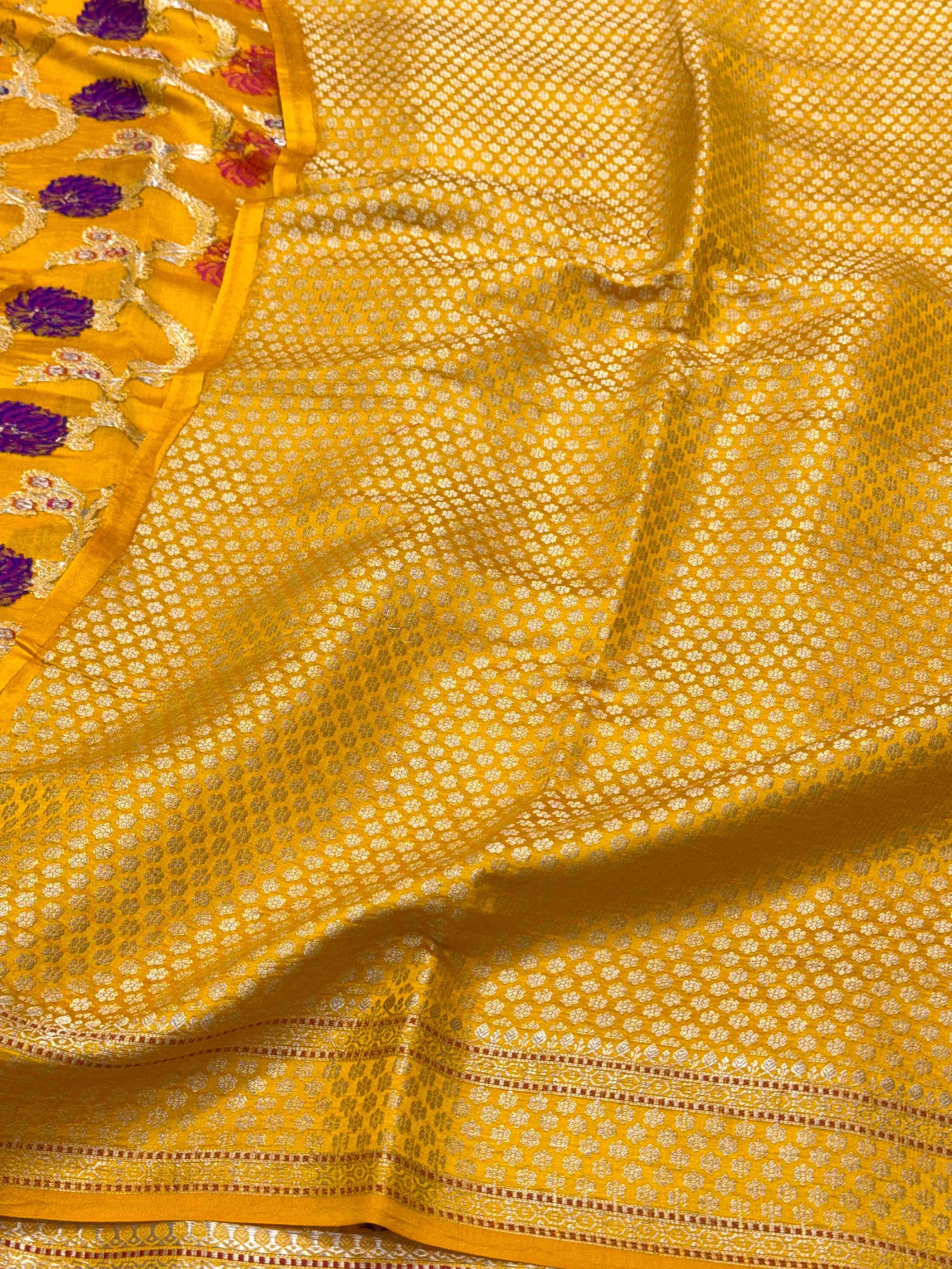 Yellow Pure Mulberry Chiniya Silk Meenakari  Banarasi Saree- Lightweight