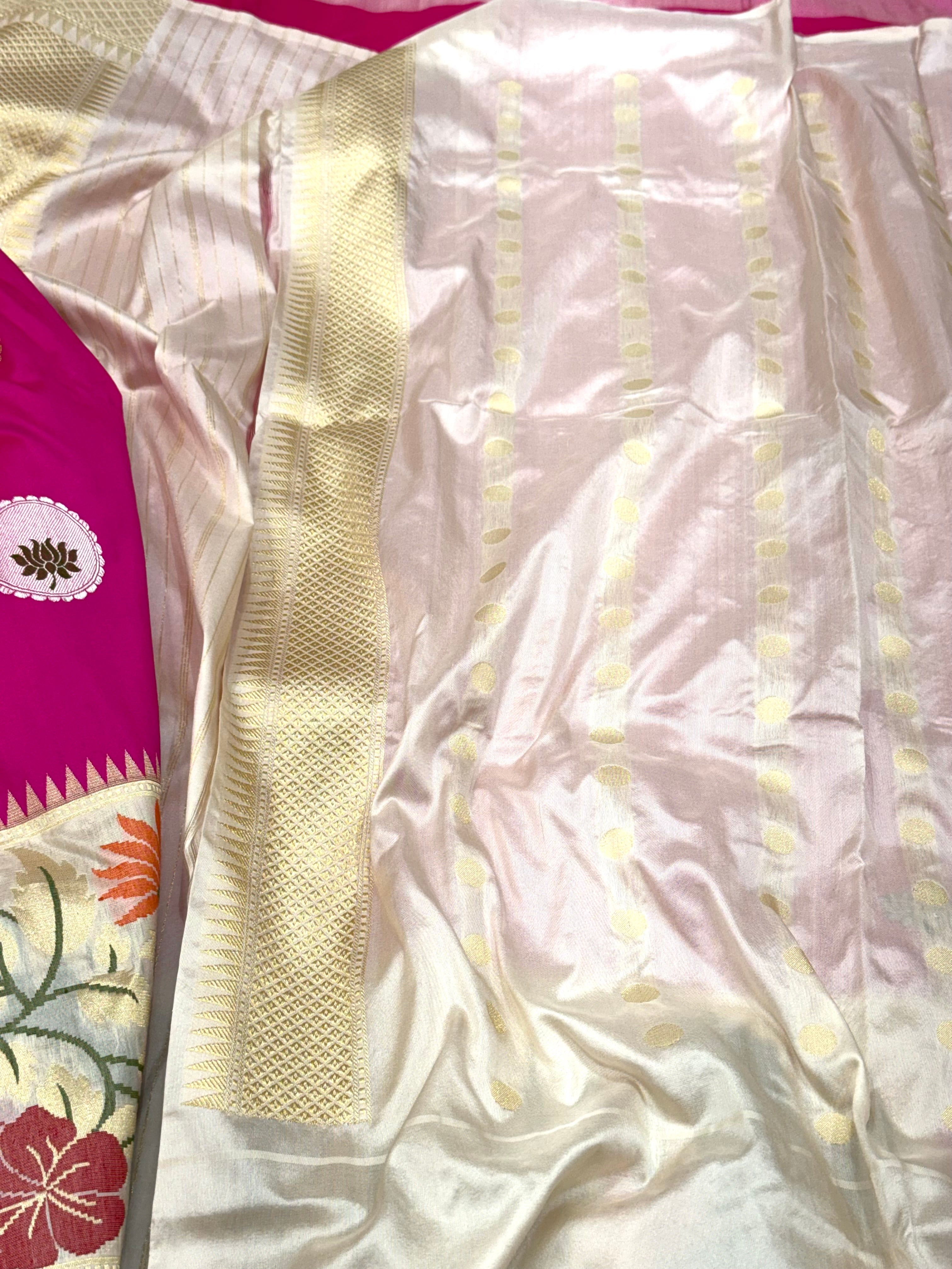 Rani Pink Pure Mulberry Katan Silk Handwoven Banarasi Saree