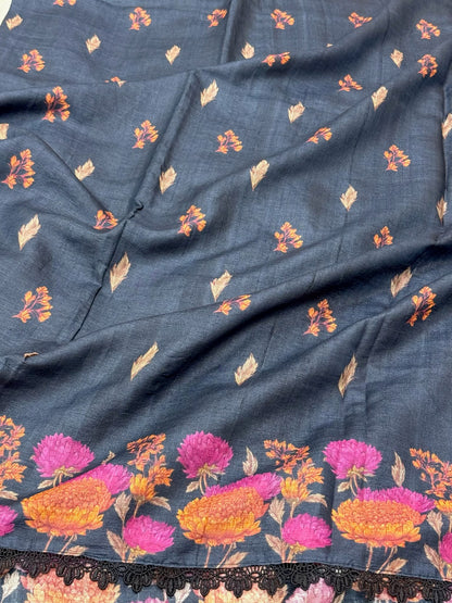 Dusty Blue Grey Pure Tussar Silk Handloom Printed with Embroidery Banarasi Saree - Soft Lightweight Banarasi Saree