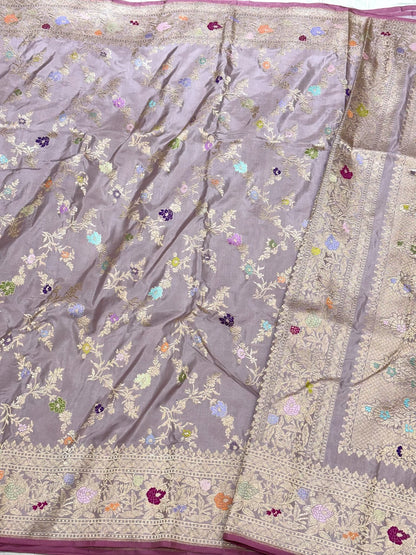 Dusty Lilac Pure Mulberry Double Katan Silk | Kadhwa Weave | Handwoven Timeless Authentic Banarasi Saree