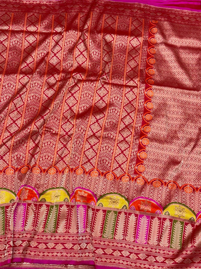 Red Banarasi Handwoven | Kadhwa Technique | Contemporary Pure Katan Mulberry Silk Saree