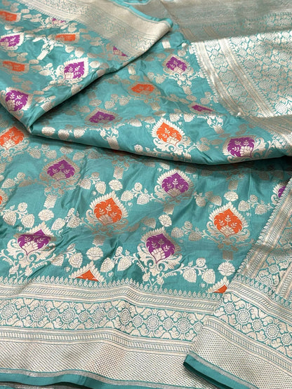 Sea Green Pure Katan Mulberry Silk Handloom Banarasi Meenakari Saree - Modern Jaal